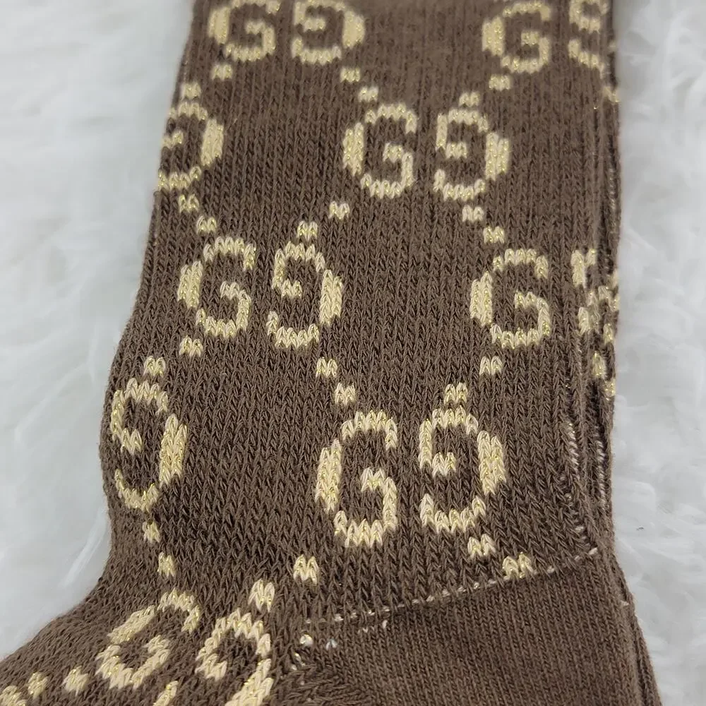 Gucci Crew Socks Unisex GG Logo Metallic 100% Authentic Brown Beige Luxury New